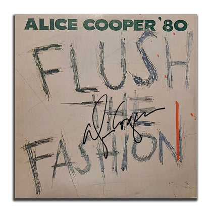 Autographed smoke green vinyl LP of Flush the Fashion featuring graffiti-style art and Alice Coopers signature on the cover.