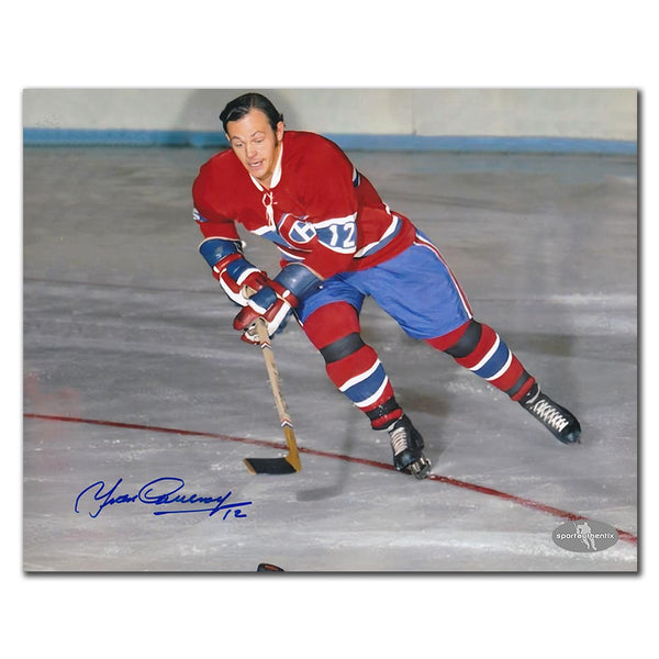 Yvan Cournoyer autographed Montreal Canadiens 8x10 photo in red jersey action pose with puck
