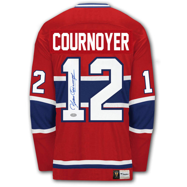 Yvan Cournoyer autographed Montreal Canadiens Fanatics Vintage Hockey jersey back with Cournoyer nameplate, number 12, autograph and SportAuthentix hologram
