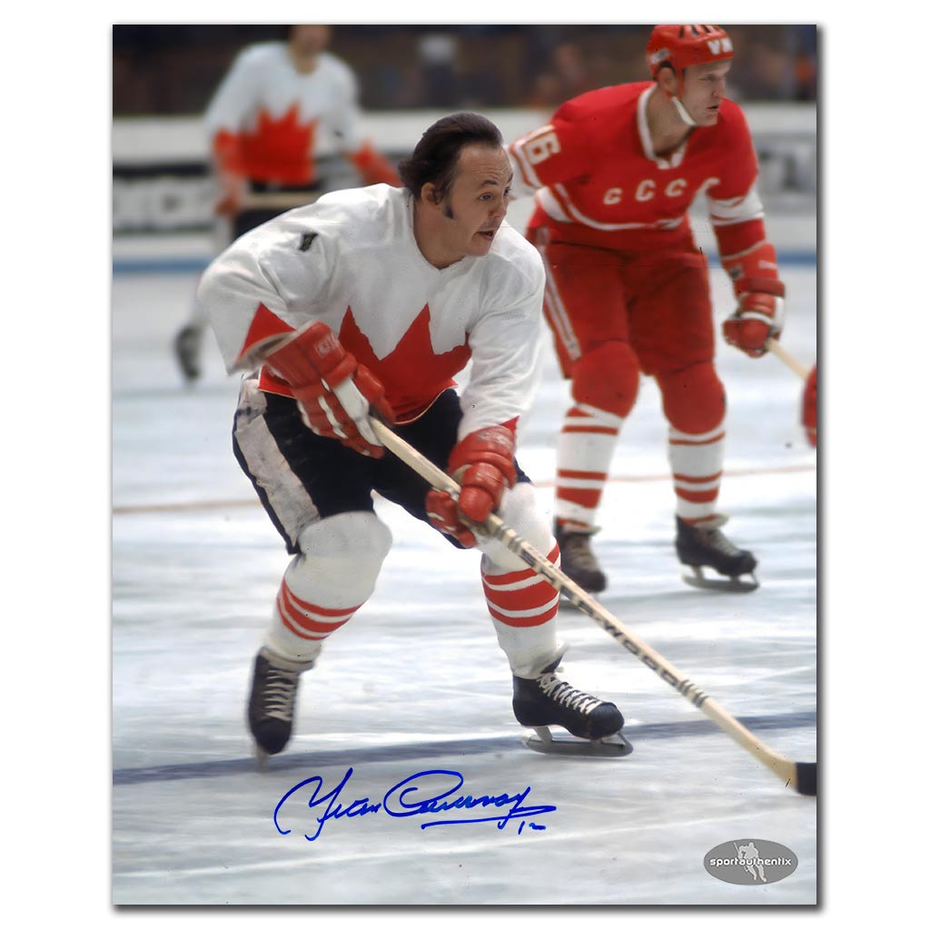 Yvan Cournoyer autographed Team Canada 1972 Summit Series 8x10 photo skating against the Soviet Union