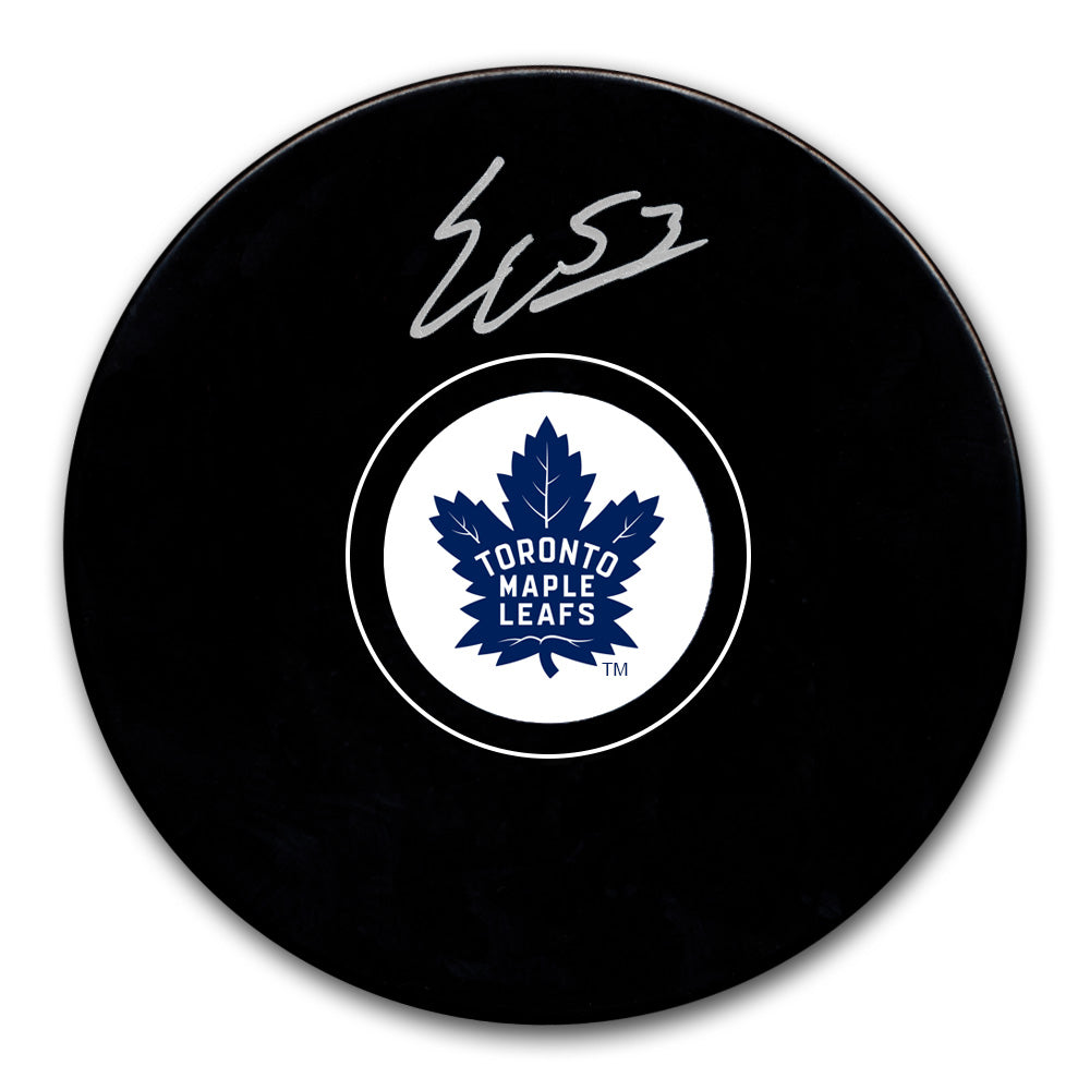 Easton Cowan autographed Toronto Maple Leafs hockey puck with silver signature and number 53 inscription