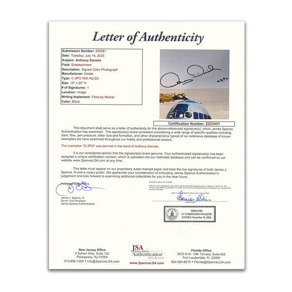 Anthony Daniels C3P0 STAR WARS R2D2 Signed 16x20 Photo JSA COA