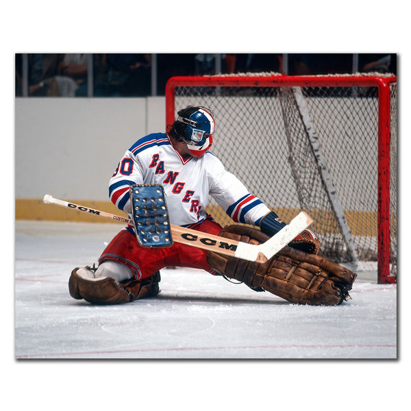John Davidson New York Rangers 8x10 hockey photo wearing a white jersey and red, white and blue goalie mask while making a full split save across the crease for autograph pre-order