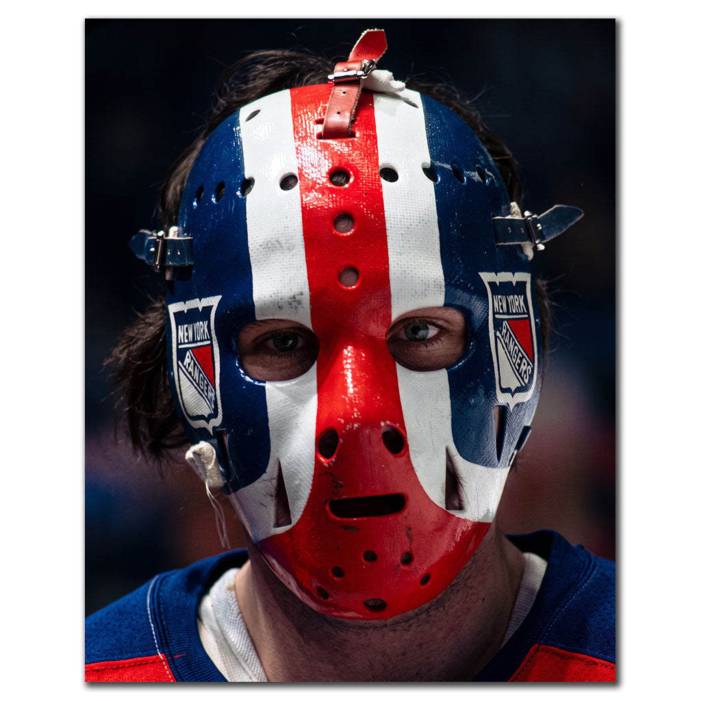 Close-up John Davidson New York Rangers 8x10 hockey photo showing his red, white and blue vintage goalie mask and Rangers shield detailing for autograph pre-order