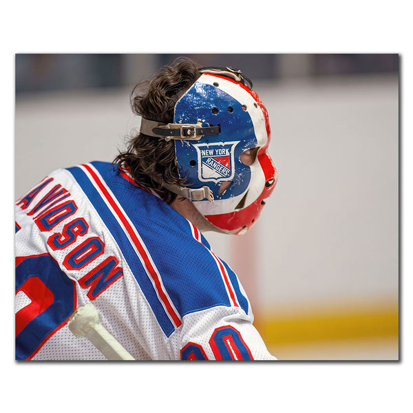 John Davidson New York Rangers 8x10 hockey photo from behind showing the Davidson nameplate and side profile of his red, white and blue goalie mask for autograph pre-order
