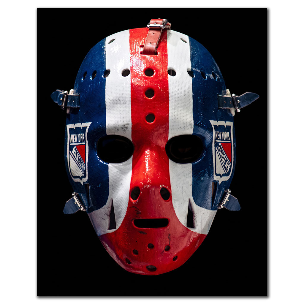 John Davidson New York Rangers 8x10 hockey photo featuring a front view of his vintage red, white and blue goalie mask against a black background for autograph pre-order