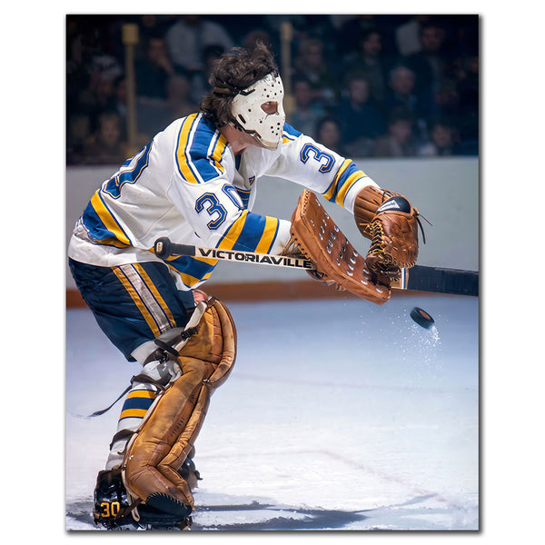 John Davidson St. Louis Blues 16x20 hockey photo wearing a white, blue and yellow jersey and vintage white goalie mask while extending his catching glove toward a flying puck for autograph pre-order