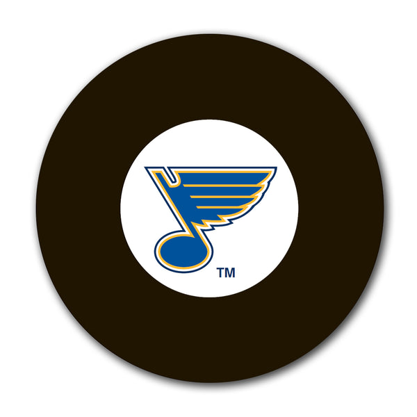Black hockey puck featuring the blue and yellow St. Louis Blues musical note logo for an upcoming John Davidson autograph signing pre-order