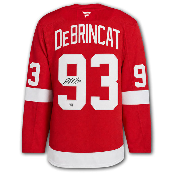 Alex DeBrincat autographed Detroit Red Wings Fanatics Premium jersey back with DeBrincat nameplate, number 93, autograph and Fanatics hologram