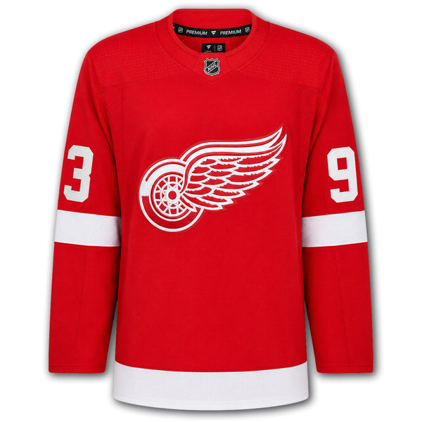 Alex DeBrincat autographed Detroit Red Wings Fanatics Premium jersey front with red home styling, Red Wings crest, NHL shield and number 93 on the sleeves