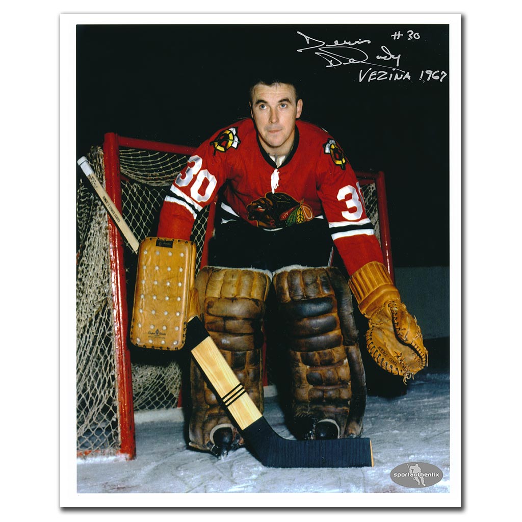 Denis DeJordy autographed Chicago Blackhawks 8x10 photo with Vezina 1967 inscription