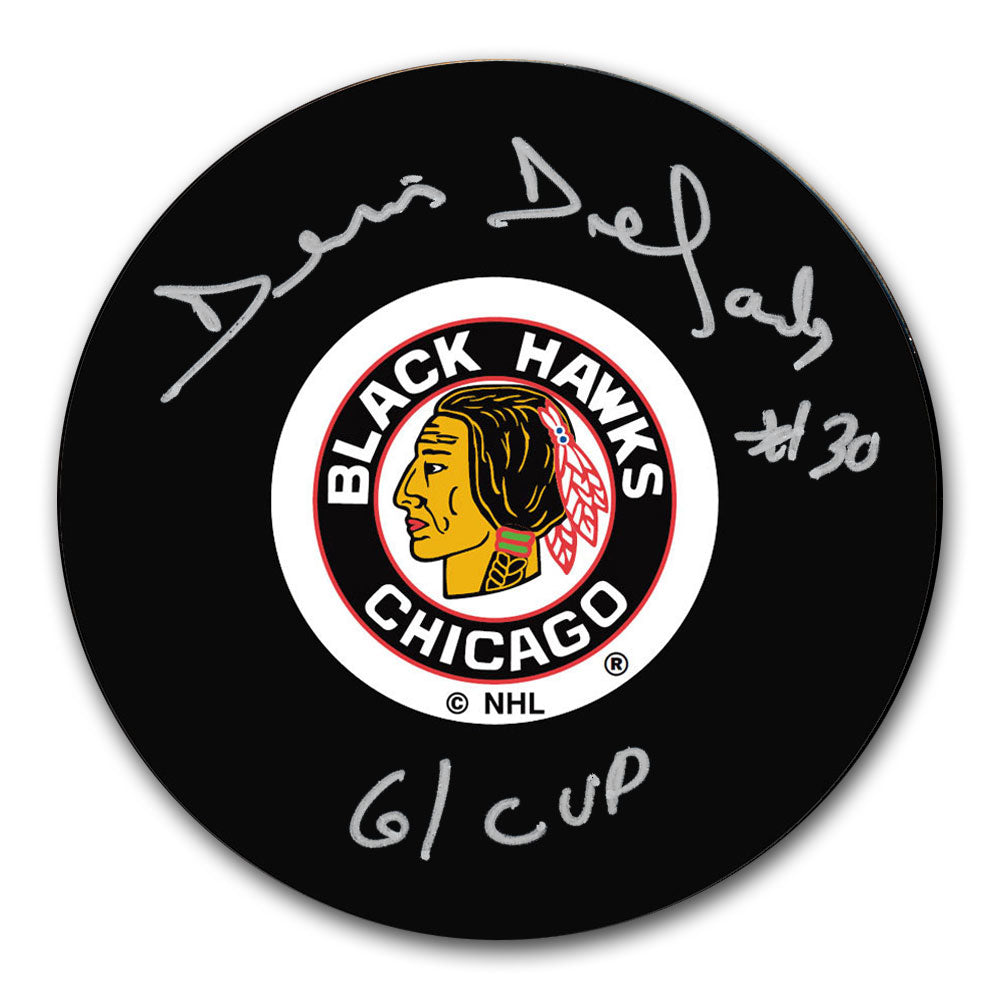 Rondelle autographiée de la Coupe 1961 des Blackhawks de Chicago Denis Dejordy