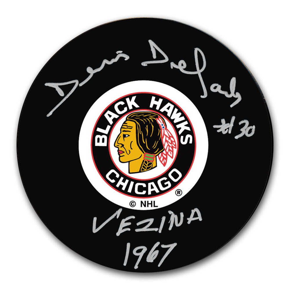 Rondelle autographiée Vezina des Blackhawks de Chicago 1967 de Denis Dejordy