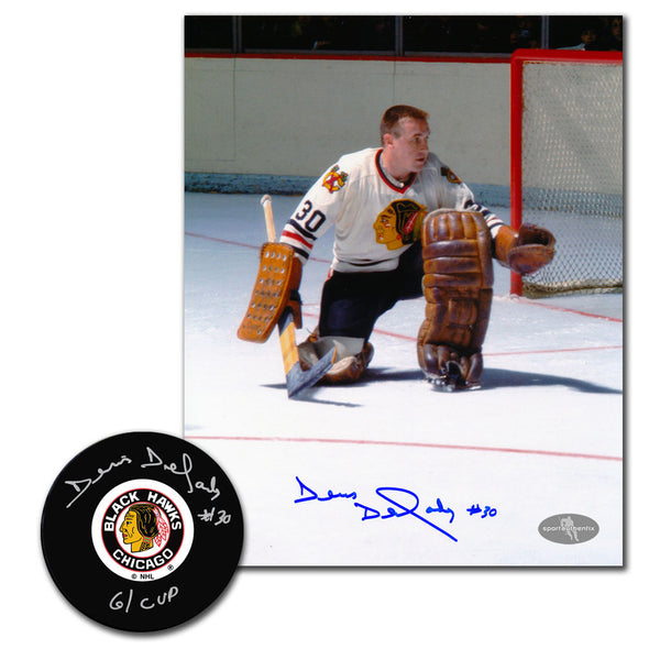 Denis DeJordy autographed Chicago Blackhawks hockey puck and 8x10 photo combo with 61 Cup inscription