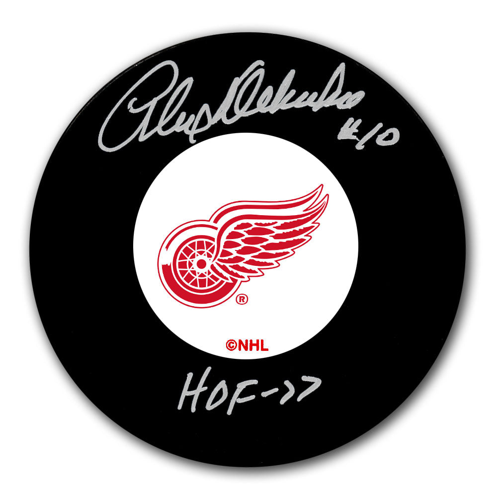 Alex Delvecchio autographed Detroit Red Wings hockey puck with HOF 77 inscription