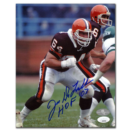 Autographed 8x10 photo of Joe DeLamielleure in Browns uniform, HOF inscription, authenticated by JSA COA.