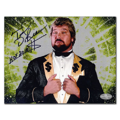 Ted DiBiase WWE HOF 2010 signed 8x10 photo—autographed memorabilia showcasing him in his iconic dollar sign suit.