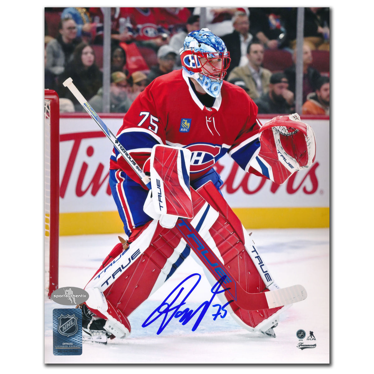 Jakub Dobes autographed 8x10 photo features him in a red Montreal Canadiens jersey, captured in a goalie stance, hand-signed.