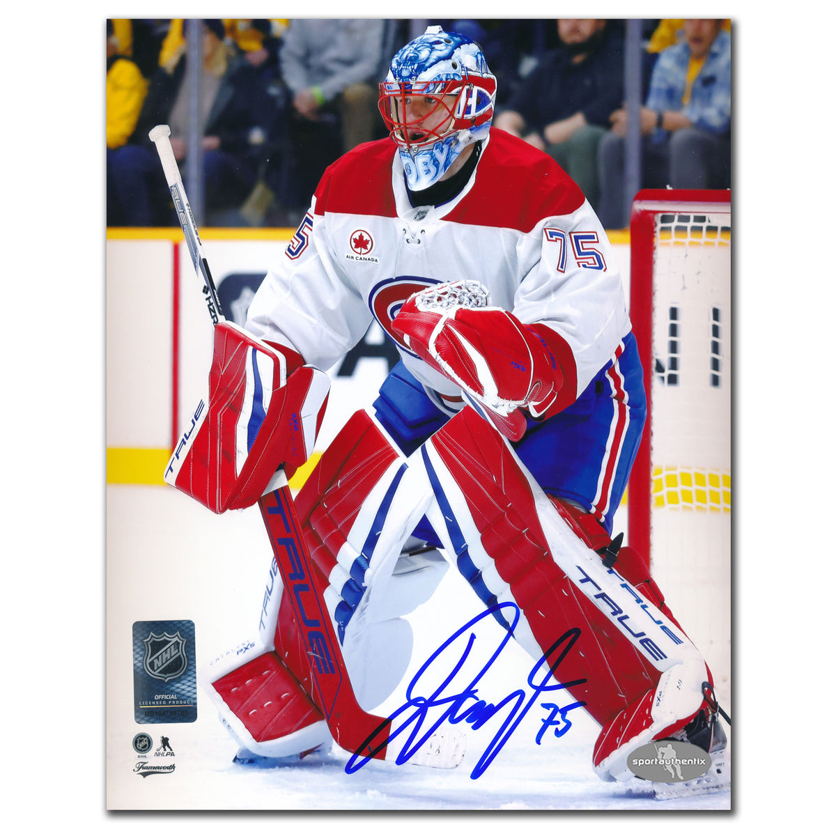 Jakub Dobes signed 8x10 photo in game action, featuring his autograph on a Montreal Canadiens white jersey.