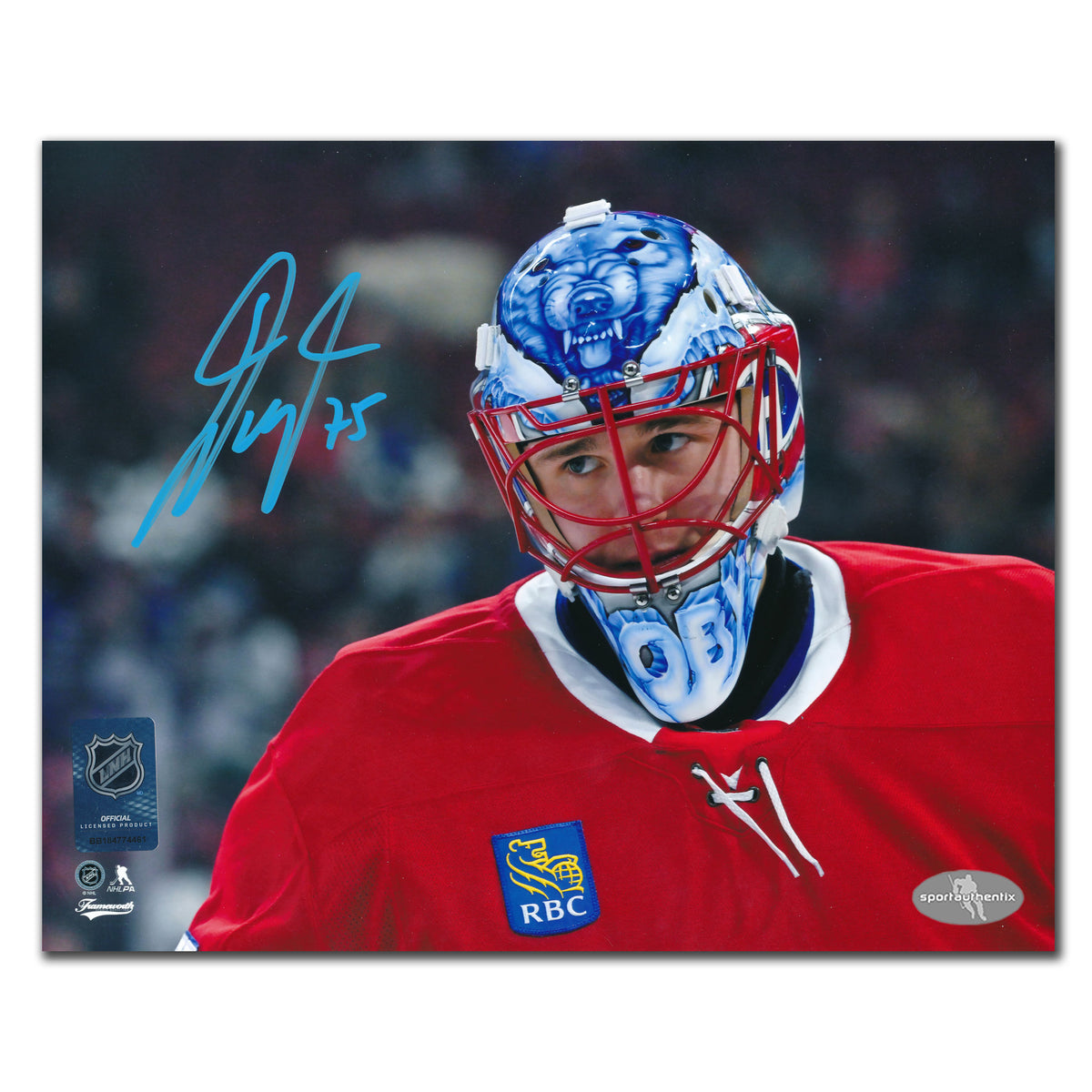 Autographed 8x10 photo of Jakub Dobes in a Montreal Canadiens mask close-up, featuring his signature—ideal collectible for fans.