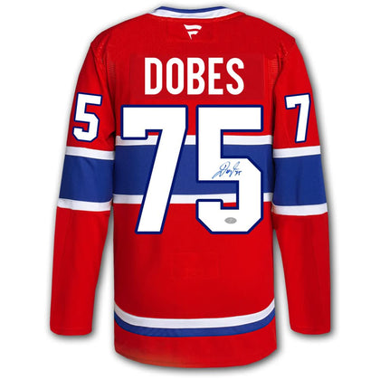 Autographed Jakub Dobes Montreal Canadiens Fanatics red jersey, #75, with signature and name inscribed on the back.