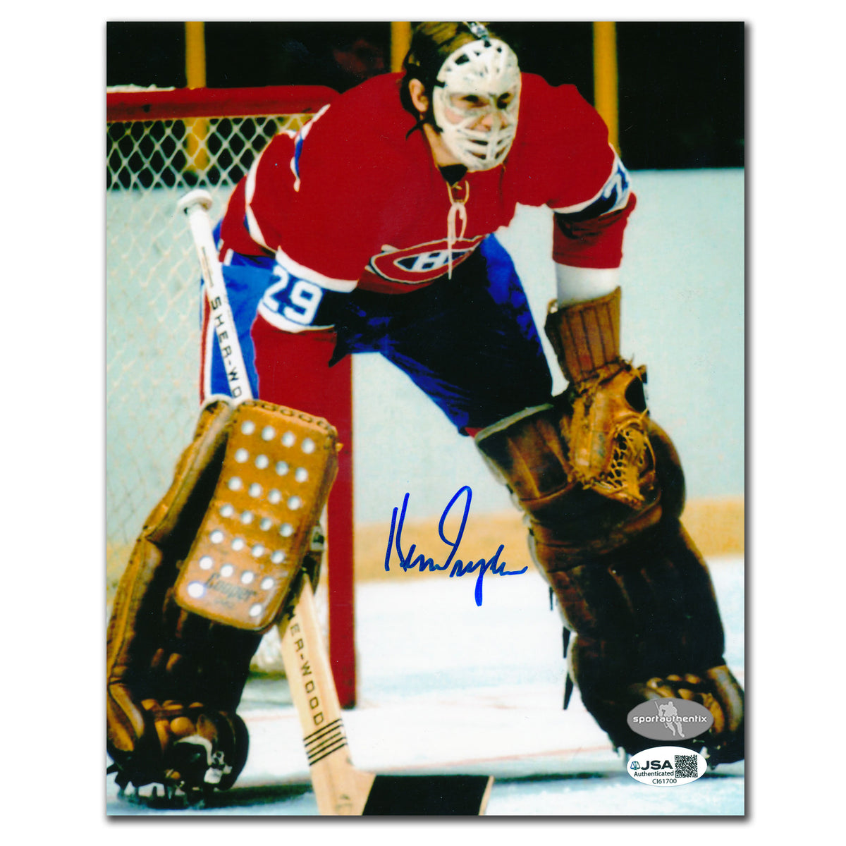 Ken Dryden autographed Montreal Canadiens 8x10 photo in goalie gear in front of net