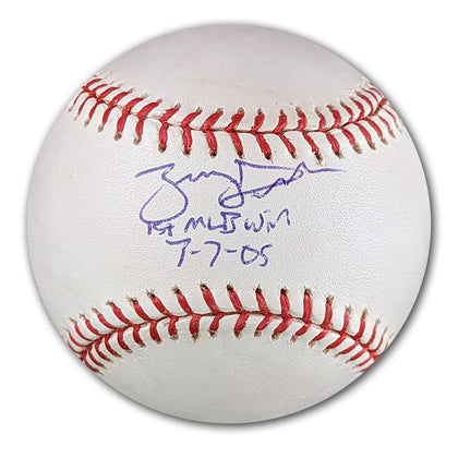 An autographed MLB official baseball by Zach Duke, inscribed 7-7-05 with his 1st MLB win, showcases signature and date clearly.
