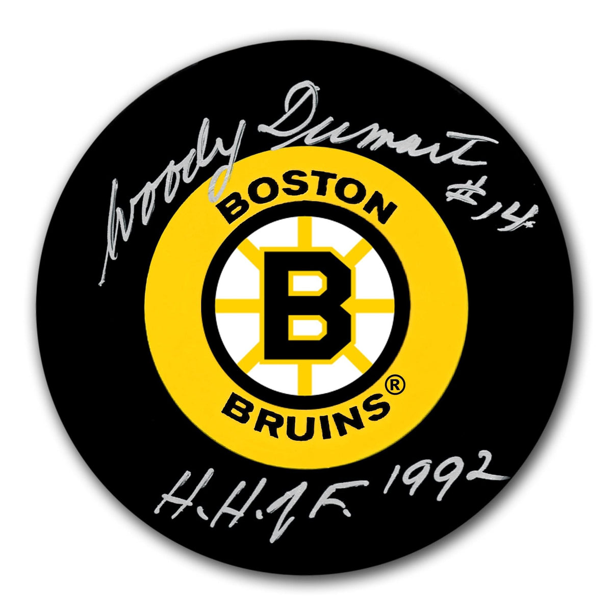 Authentic Woody Dumart Boston Bruins HOF Autographed Puck - SportAuthentix