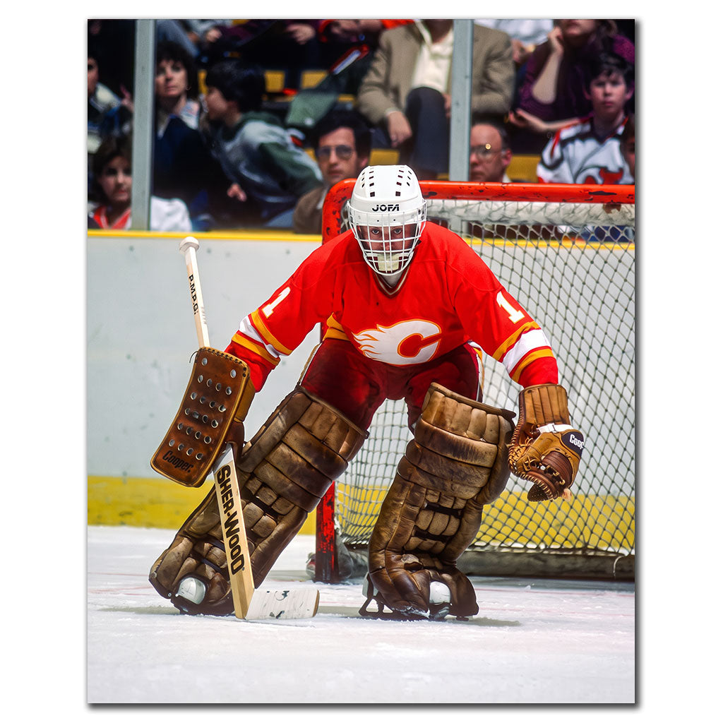 Don Edwards in a ready stance in front of the Calgary Flames net