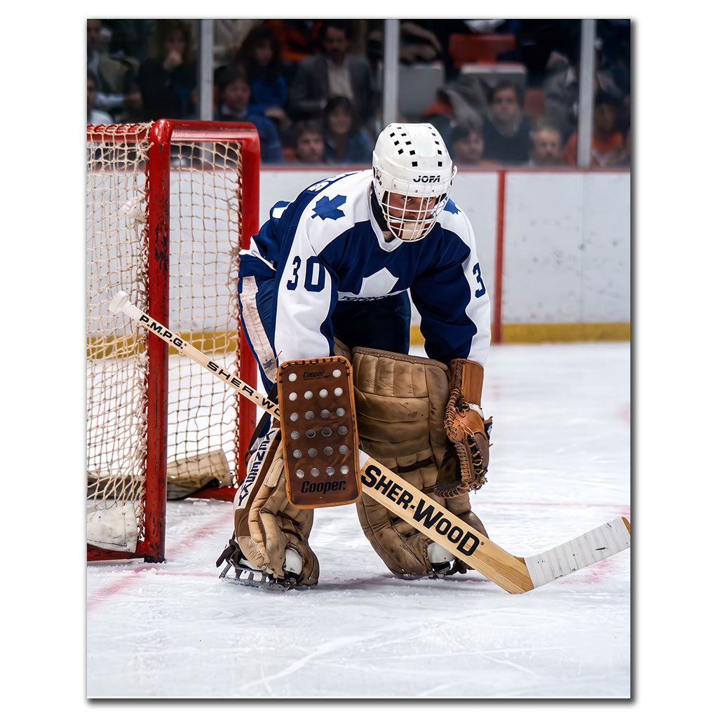 Don Edwards tending goal in a blue Toronto Maple Leafs uniform