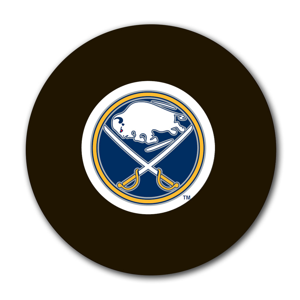 Buffalo Sabres logo hockey puck for an upcoming Don Edwards autograph signing