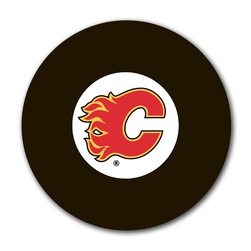 Calgary Flames logo hockey puck for an upcoming Don Edwards autograph signing