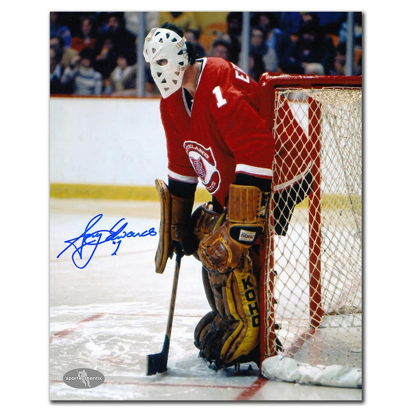 Gary Edwards autographed Cleveland Barons 8x10 photo red jersey goalie stance