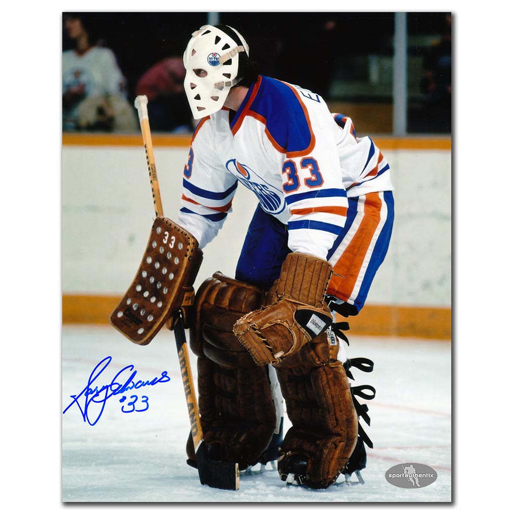 Gary Edwards autographed Edmonton Oilers 8x10 photo white jersey game action