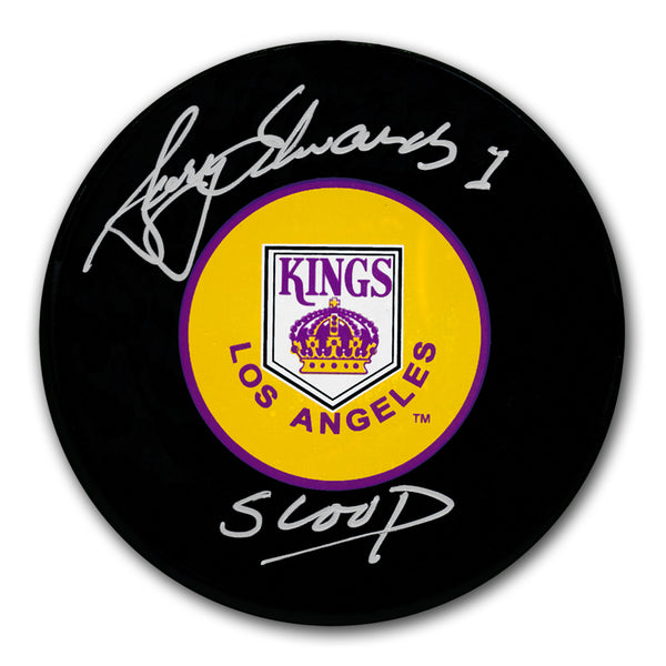 Gary Edwards autographed Los Angeles Kings hockey puck with his nickname, Scoop