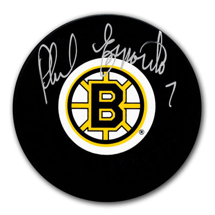 Phil Esposito Boston Bruins Autographed Puck featuring his signature across the black puck, ideal for sports memorabilia collectors.