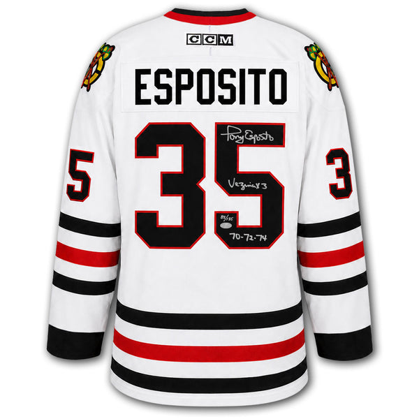 Tony Esposito autographed Chicago Blackhawks CCM jersey back with Esposito nameplate, number 35, autograph, 3x Vezina inscription and limited edition 85 of 135