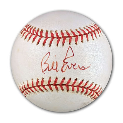 Bill Evers’ signature on an official MLB baseball, a prized sports collectible featuring bold autograph across white leather and red seams.