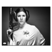 Black & white 16x20 autographed photo of Carrie Fisher as Princess Leia holding a blaster, STAR WARS JSA COA included.