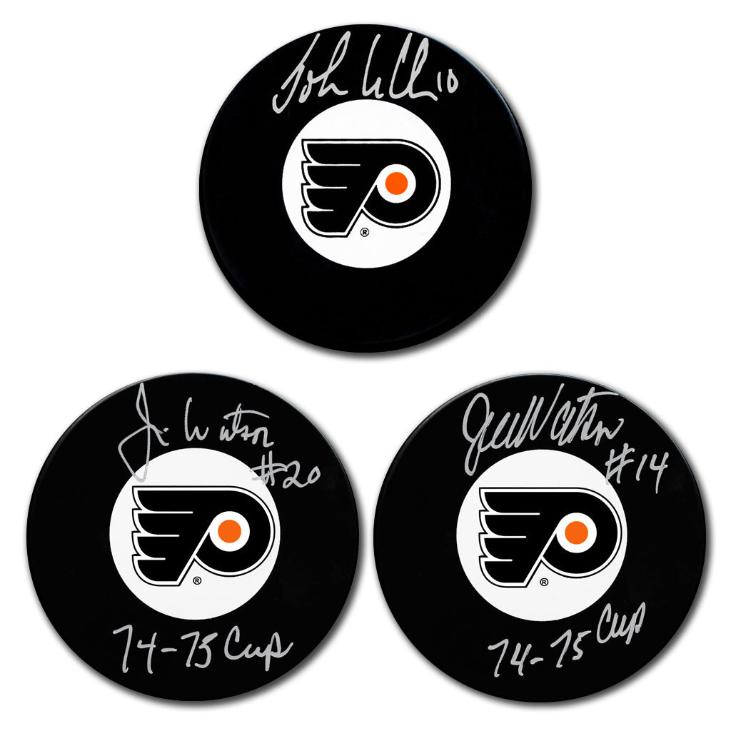 John LeClair, Jim Watson and Joe Watson autographed Philadelphia Flyers hockey puck bundle