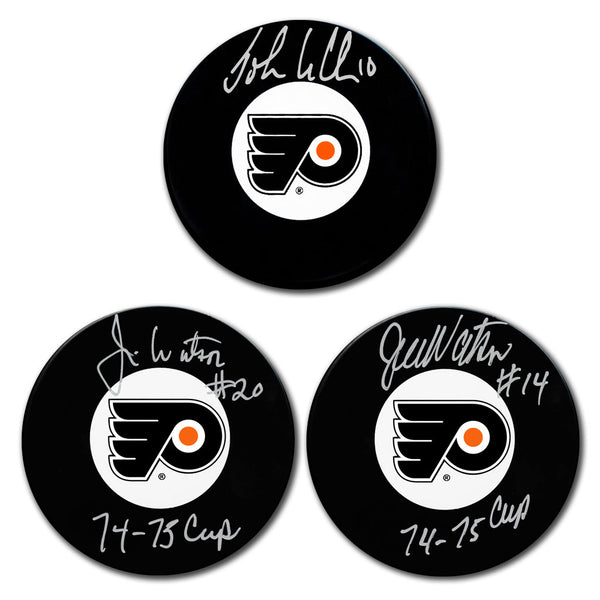 John LeClair, Jim Watson and Joe Watson autographed Philadelphia Flyers hockey puck bundle
