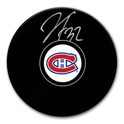 Jacob Fowler signed Montreal Canadiens puck, featuring a silver autograph on official black NHL hockey puck.