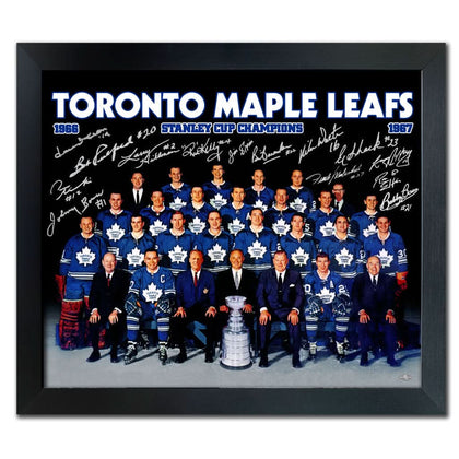 Framed 28x34 art canvas honoring the 1967 Toronto Maple Leafs Stanley Cup Champions, autographed by 14 team members.