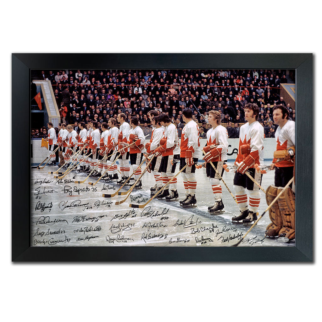 Team Canada 1972 Summit Series O CANADA NATIONAL ANTHEM Autographed 24X32 Art Canvas Frame Signed By 28