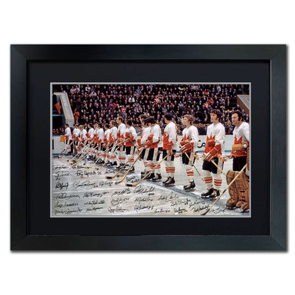 Limited Edition framed 24x32 art canvas, featuring Team Canada 1972 O CANADA anthem, autographed by all 28 players.