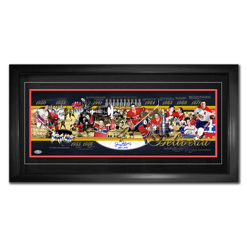 Jean Beliveau Montreal Canadiens Autographed Panoramic Career Timeline 19x40 Frame