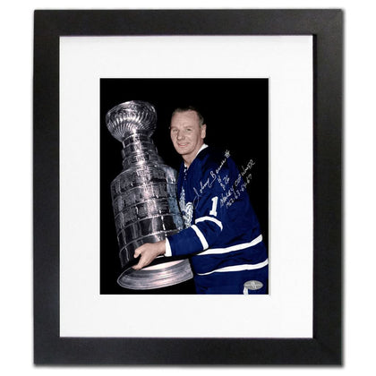 Johnny Bower autographed 19x22 framed photo display, featuring Toronto Maple Leafs Stanley Cups memorabilia and HOF inscription.