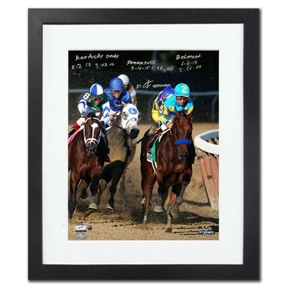 Framed 26x32 inscribed photo of AMERICAN PHAROAH winning the 2015 Triple Crown, signed by Victor Espinoza, by STEINER.