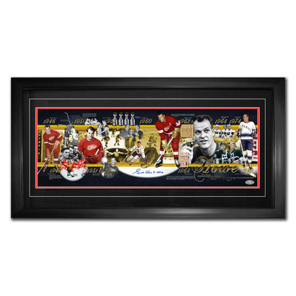 Framed 19x40 panoramic display featuring Gordie Howe’s signature, Detroit Red Wings action photos, and career timeline accents.