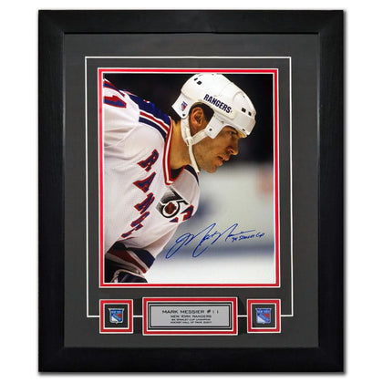 Framed 18x22 display featuring Mark Messier’s signed NY Rangers photo, nameplate, team logo, and Certificate of Authenticity.